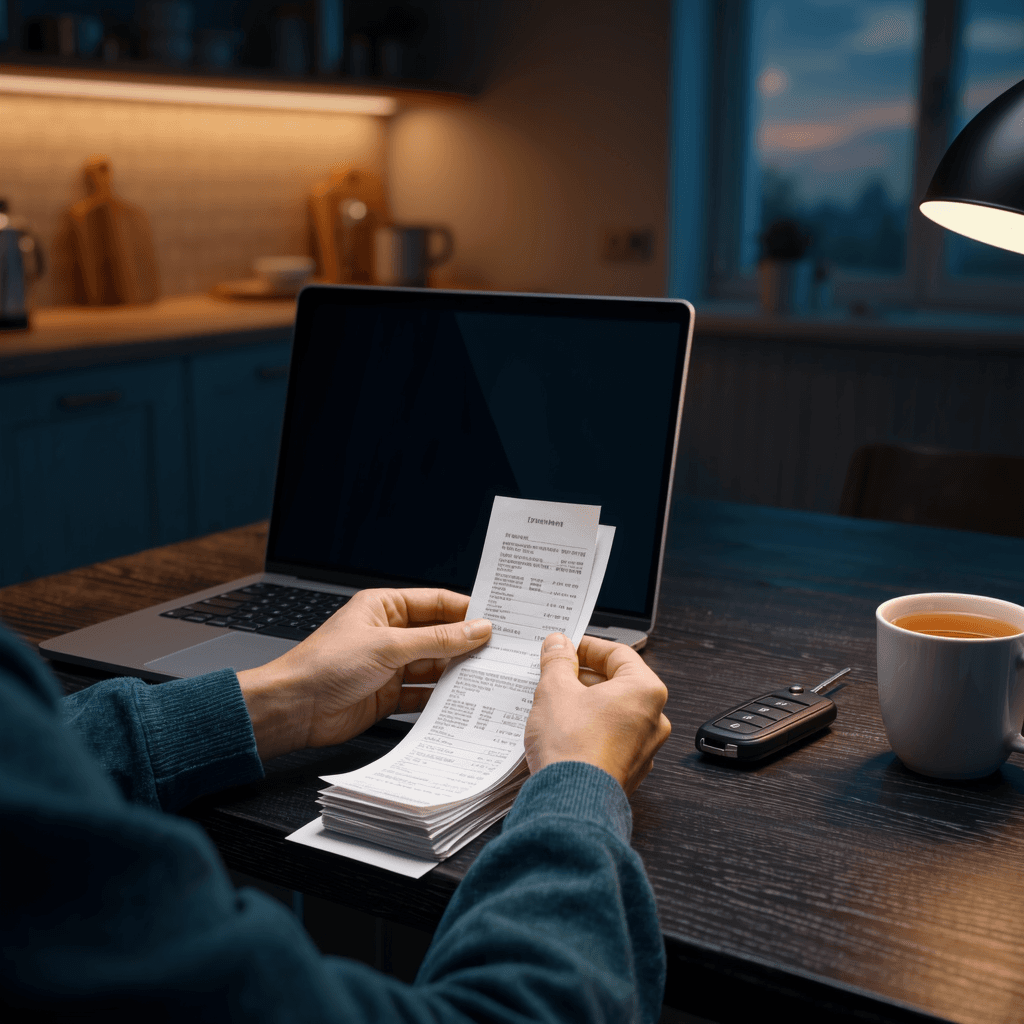Driver sorting receipts beside a laptop and car key at a kitchen table in the evening