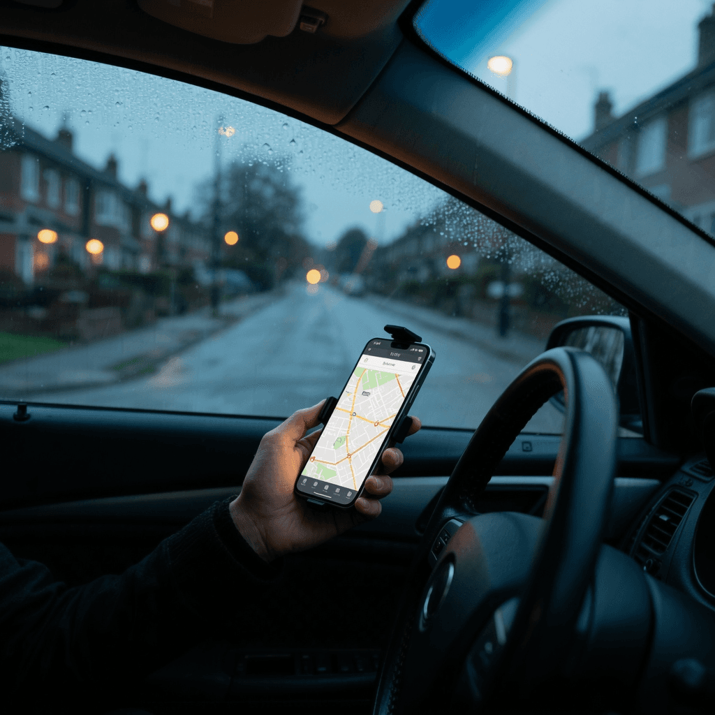Driver checking a navigation app on a phone before a shift, parked on a British residential street at dawn