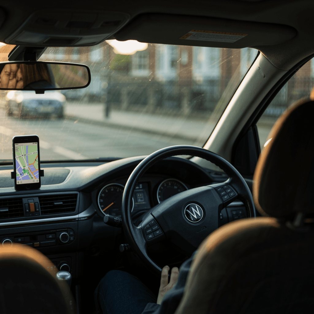 Driver's hands on the wheel of a right-hand drive private hire car, navigation app on the dashboard