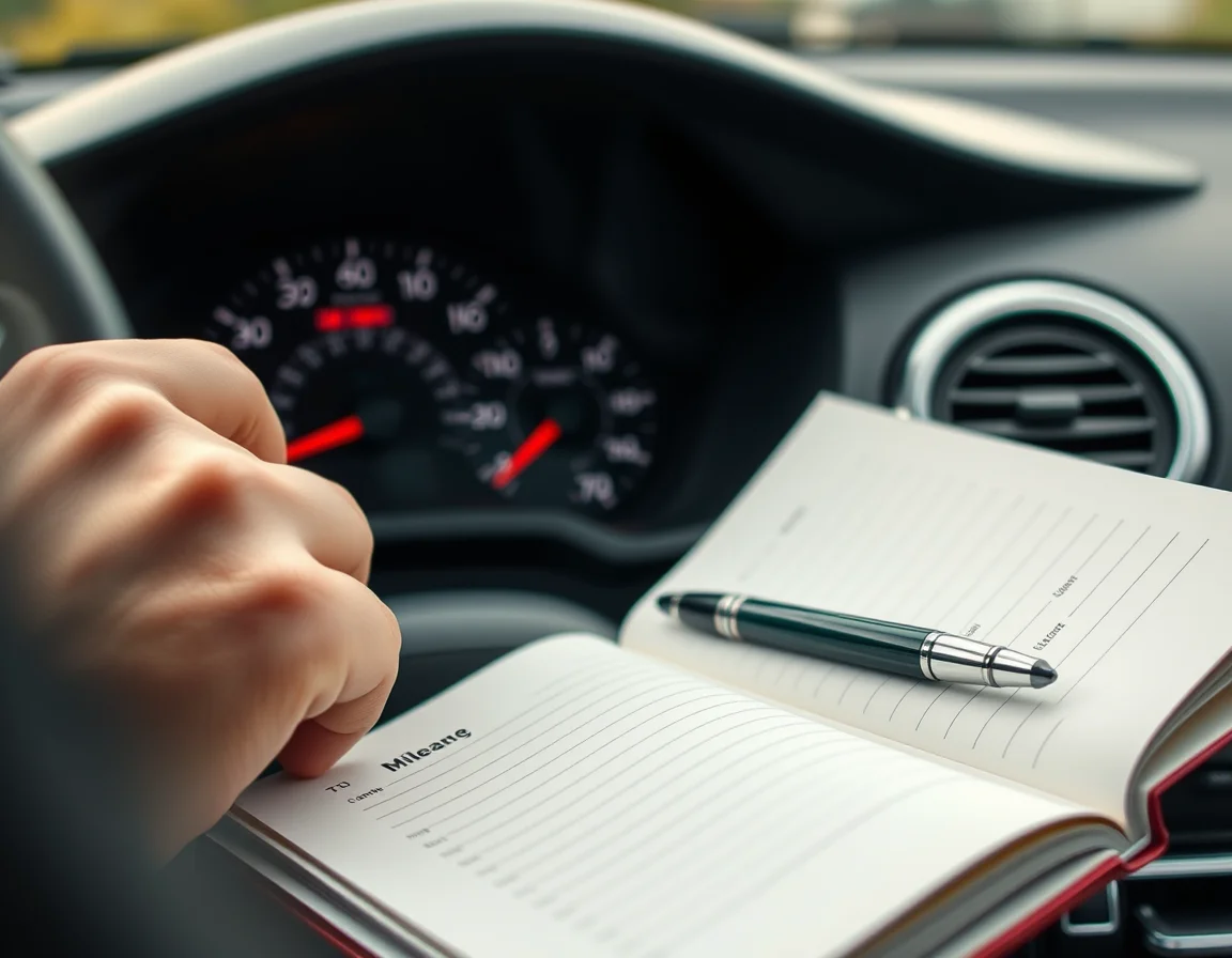 HMRC mileage log notebook with a pen and a drawn route